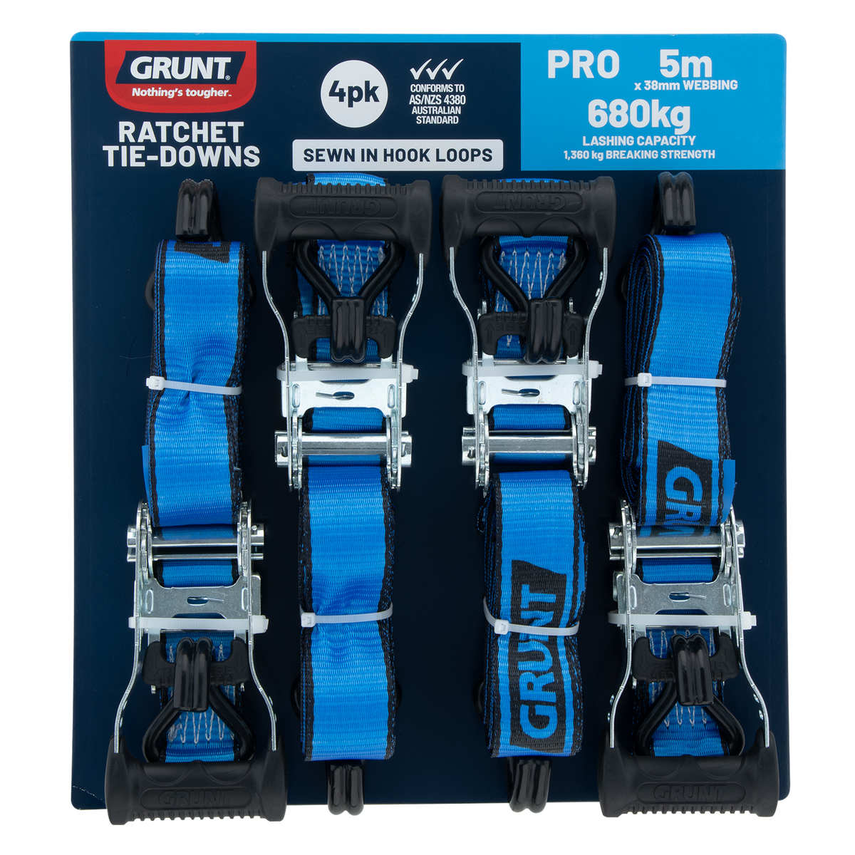 GRUNT 38mm x 5m Ratchet Tie Down Set - 4 Pack - Image 1 of 7