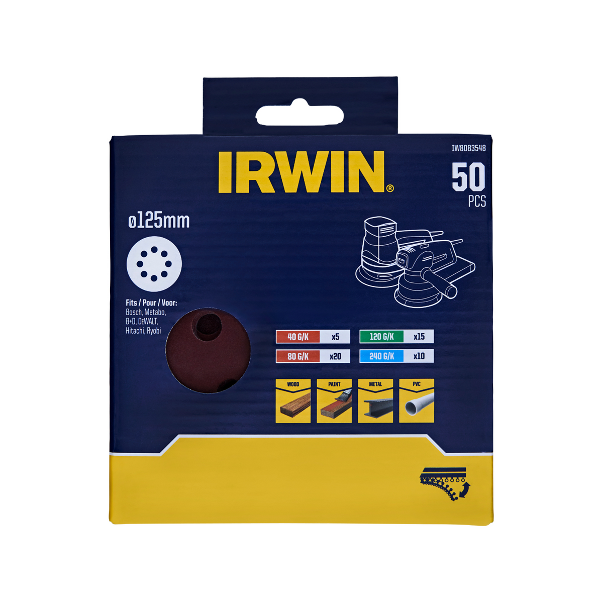 IRWIN 125mm 8 Holes Quick Fit Mixed Random Orbital Sanding Discs - 50 Pack - Image 1 of 1