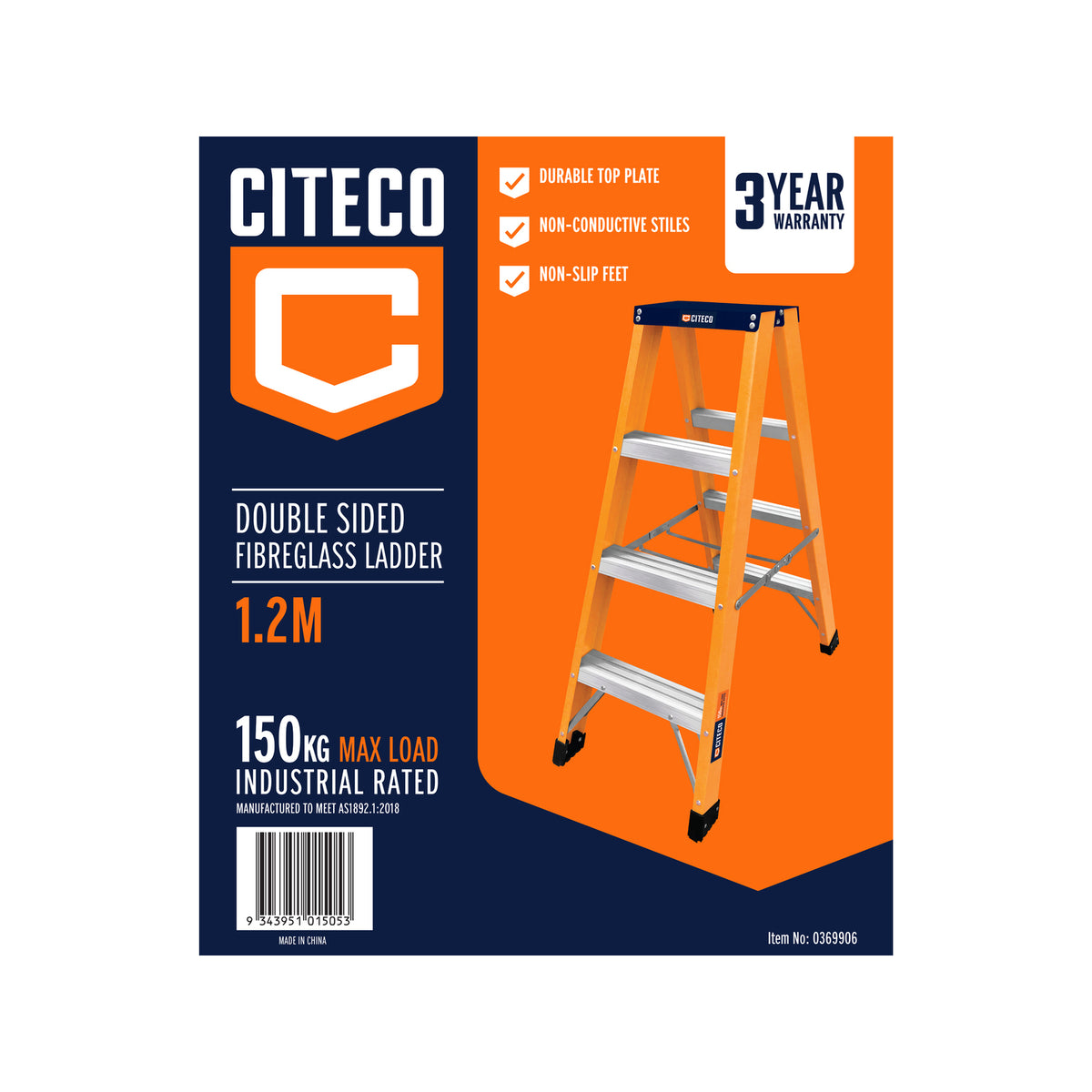 CITECO 1.2m 150kg Industrial Double Sided Fibreglass Ladder - Image 2 of 2