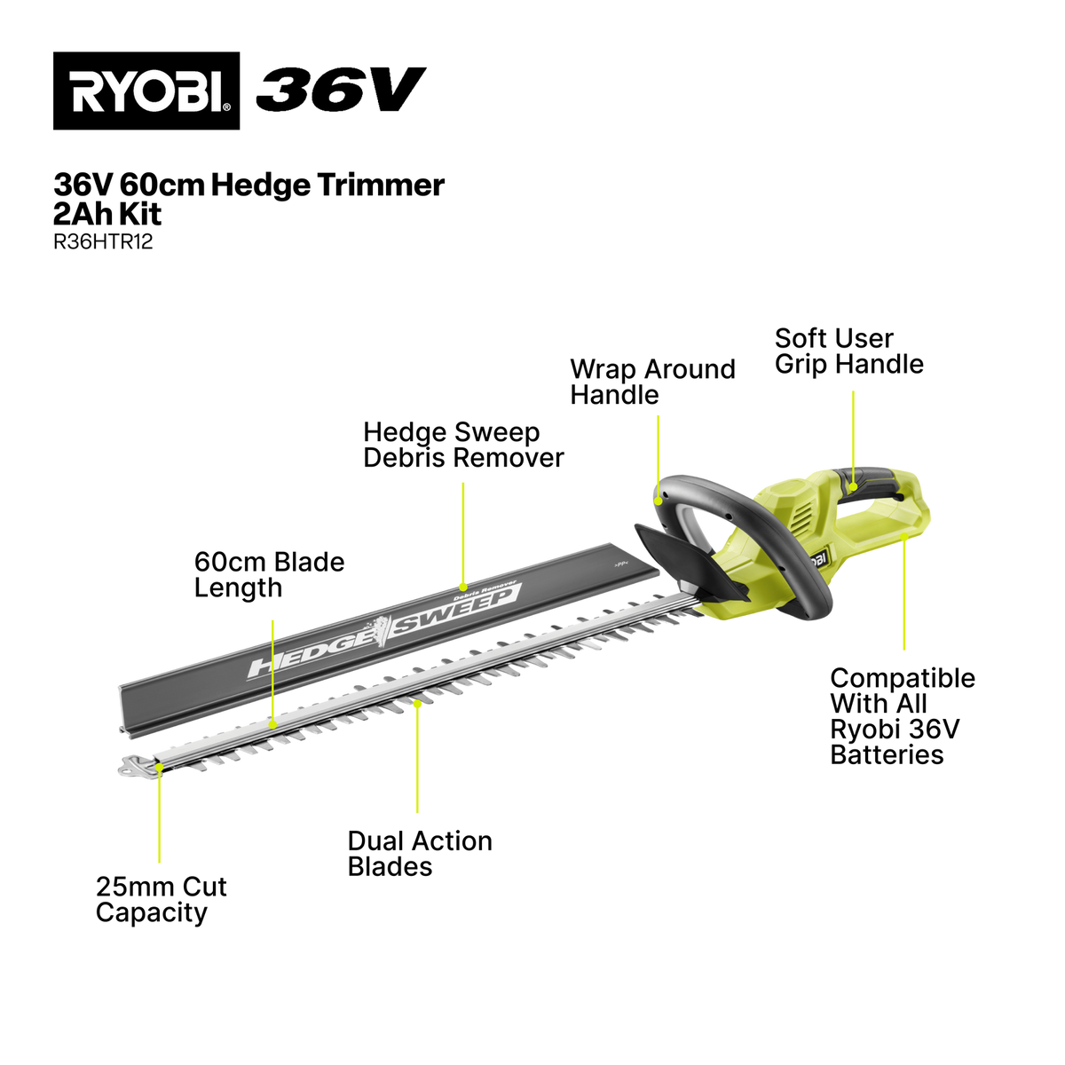 Ryobi 36V 60cm Hedge Trimmer 2.0Ah Kit R36HTR12 - Image 2 of 8