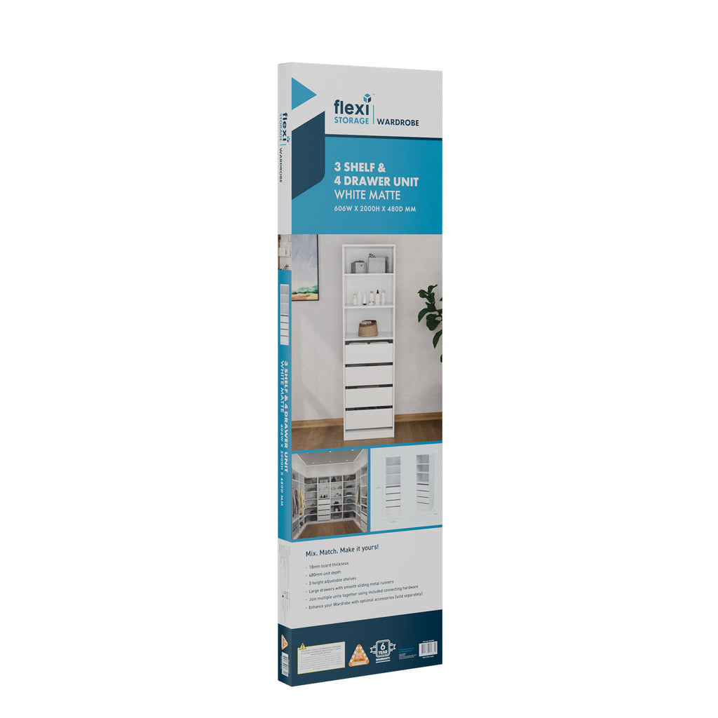 Flexi Storage Wardrobe 606 x 2000 x 480mm White Matte 3 Shelf and 4 Drawer Unit - Image 7 of 8