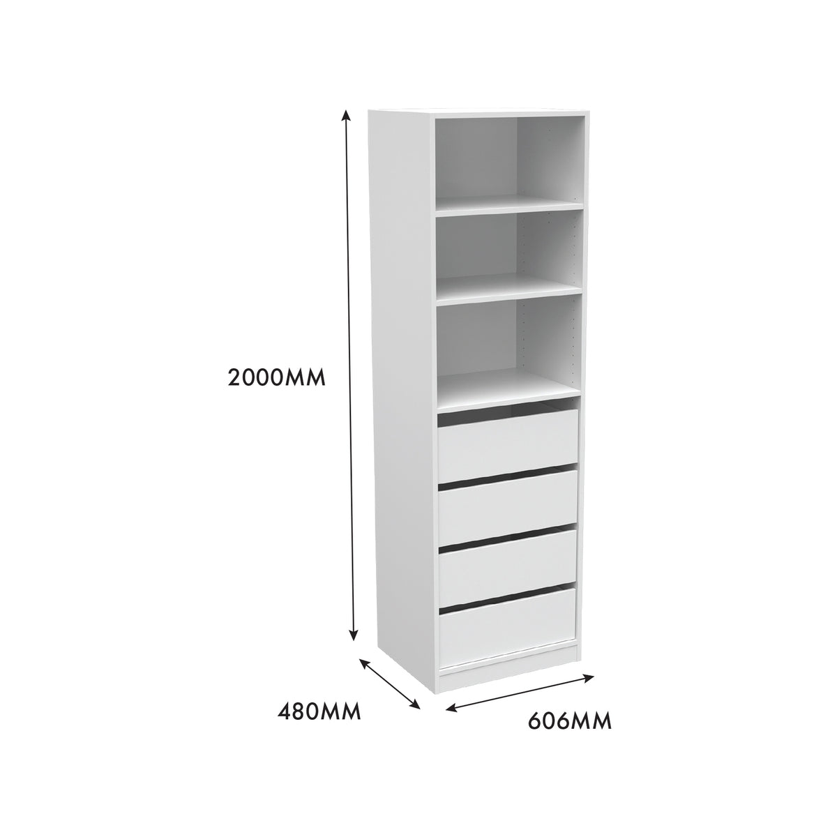 Flexi Storage Wardrobe 606 x 2000 x 480mm White Matte 3 Shelf and 4 Drawer Unit - Image 6 of 8