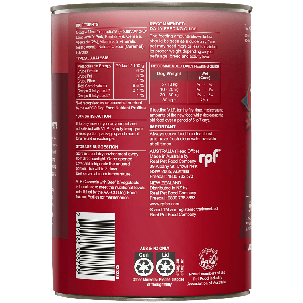 VIP 6 x 1.2kg Adult Wet Dog Food - Casserole with Beef and Vegetables - Image 2 of 3