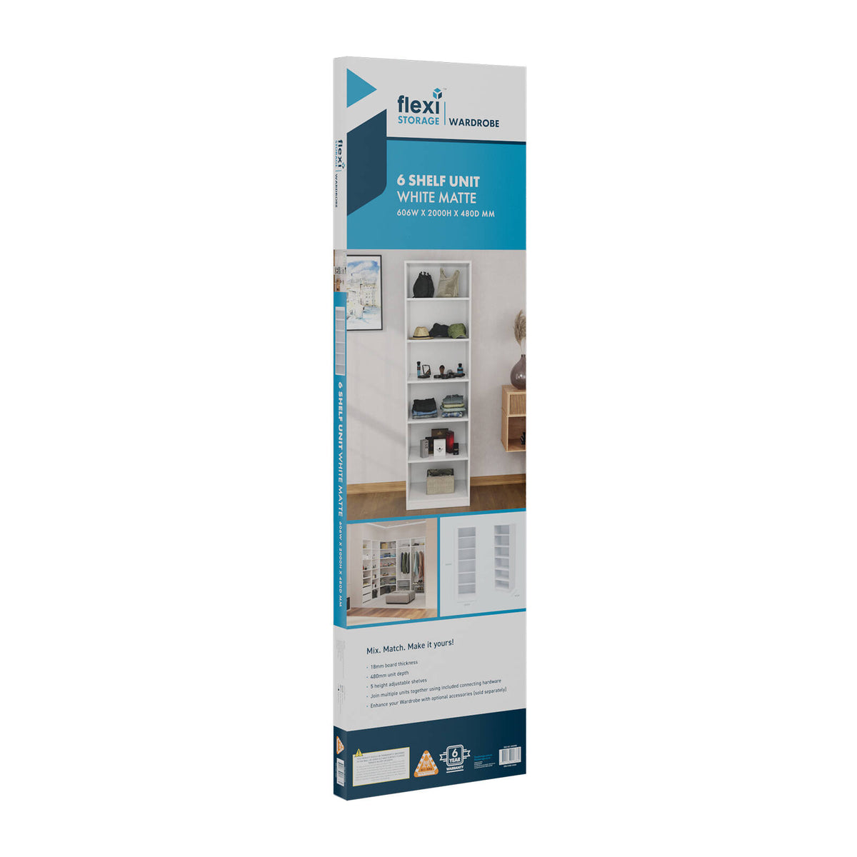 Flexi Storage Wardrobe 606 x 2000 x 480mm White Matte 6 Shelf Unit - Image 8 of 9